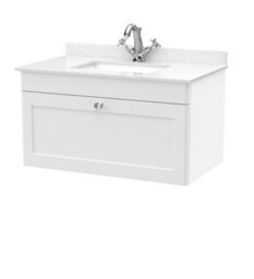 Balterley Swynnerton Traditional 1 Drawer Wall Hung Vanity Unit With Marble Basin, Satin White, 800mm - thumbnail 1