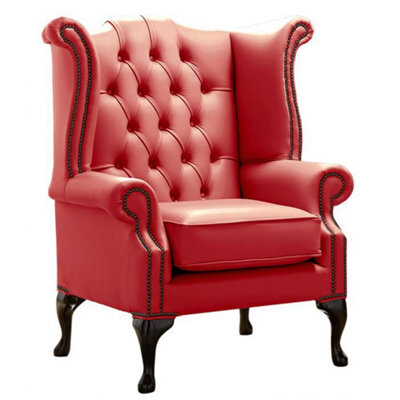 Chesterfield High Back Wing Chair Shelly Crimson Leather Bespoke In Queen Anne Style - image 1