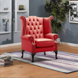 Chesterfield High Back Wing Chair Shelly Crimson Leather Bespoke In Queen Anne Style - thumbnail 3