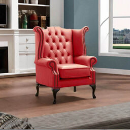 Chesterfield High Back Wing Chair Shelly Crimson Leather Bespoke In Queen Anne Style - thumbnail 2
