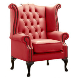 Chesterfield High Back Wing Chair Shelly Crimson Leather Bespoke In Queen Anne Style - thumbnail 1