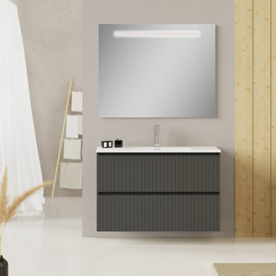Banyetti Linea Matt Grey Ribbed Double Drawer Wall Hung Vanity Unit 1000mm X 390mm - image 1