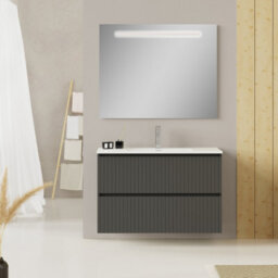 Banyetti Linea Matt Grey Ribbed Double Drawer Wall Hung Vanity Unit 1000mm X 390mm - thumbnail 1