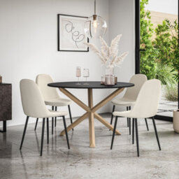 More4Homes Malvern Round Dining Table And Chairs -  Black Table Top W Solid Oak Legs + Maya Boucle Dining Chair Set Of 4 (Ivory White) - thumbnail 1