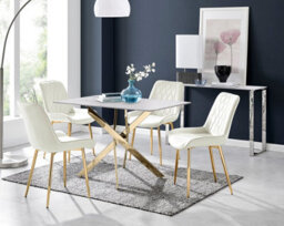 Furniturebox Uk Leonardo White Glass Marble Effect Gold Leg Table & 4 Cream Pesaro Gold Leg Chairs