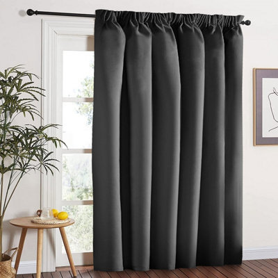 Aspire Homeware Dark Grey Plain Blackout Room Darkening Pencil Pleat Door Curtain Single Panel (W) 168Cm X (D)213Cm With Tie Back - image 1