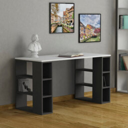 Decortie Colmar Modern Desk With Integrated 6-Shelf Bookshelf Storage White Anthracite Grey 140Cm Width - thumbnail 1