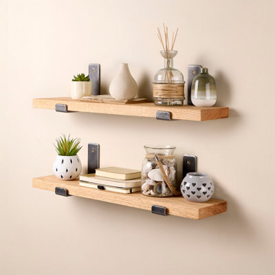 Off the Grain Oak Wall Shelves With Inverted Brackets - Narrow Wooden Shelves Pack Of 2 - 120Cm - image 1