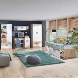 Nico Iii Modern Youth Bedroom Furniture Set Light Oak Front White Grips Turquoise
