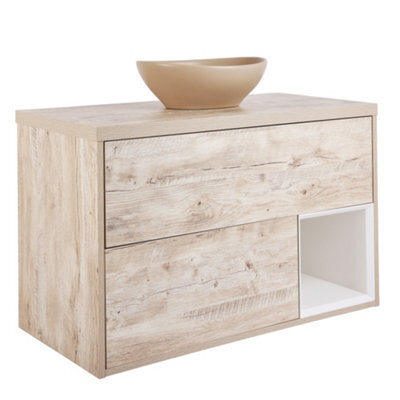 Homestylestore Light Oak 1000mm Led Lit Wall Hung Bathroom Vanity Unit With Oval Pebble Countertop Basin - image 1