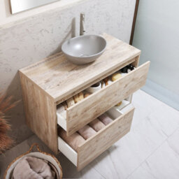 Homestylestore Light Oak 1000mm Led Lit Wall Hung Bathroom Vanity Unit With Oval Pebble Countertop Basin - thumbnail 2