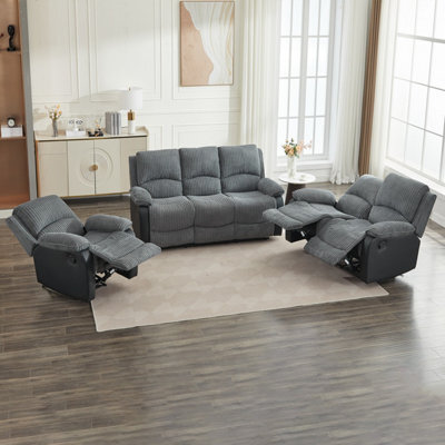 Manual Reclining Sofa Set, Corduroy Fabric Recliner Sectional Sofa Suite - 1+2+3 Sofa Set - image 1
