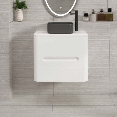 Royal Bathrooms Venice 600mm Gloss White Wall Mounted Bathroom Countertop Vanity Unit 2 Drawer With Art Square Basin - image 1