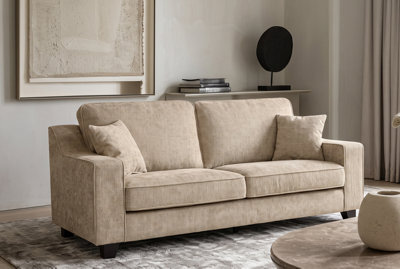 Soft Chenille Fabric Beige 3 Seater Sofa Nathan - High Back Cushions, Sprung Seat - Room Delivery - image 1