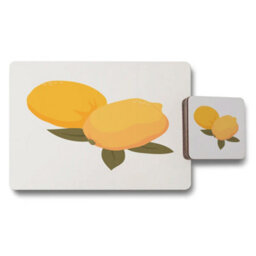 Benjamin Tate Design Placemat And Coaster Set Featuring Lemon Artwork From Designer Collection With Wooden Base Limited Edition