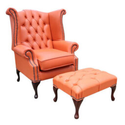 Chesterfield High Back Wing Chair + Footstool Shelly Flamenco Orange Leather In Queen Anne Style