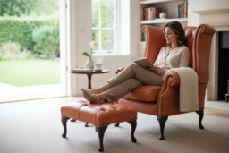 Chesterfield High Back Wing Chair + Footstool Shelly Flamenco Orange Leather In Queen Anne Style - thumbnail 3