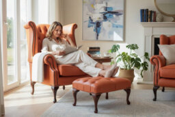 Chesterfield High Back Wing Chair + Footstool Shelly Flamenco Orange Leather In Queen Anne Style - thumbnail 2
