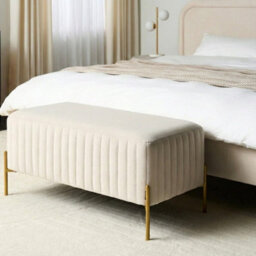 Wyld And Coco Off-White Velvet Rectangular Bench With Gold Metal Legs 91 X 47 Cm, Vertically Tufted - thumbnail 2