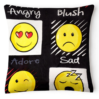 Velosso Fun Emoji Design Polycotton Cushion, Zip Closure, Machine Washable, Durable Sofa Cushion - Quirky Room Decor - Black