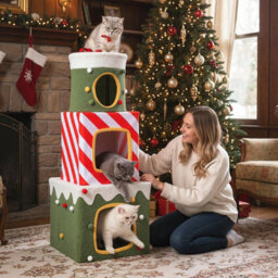Costway Christmas Cat Tree 120 Cm Cute Cat Gift Box Tower With 3 Condos - thumbnail 8