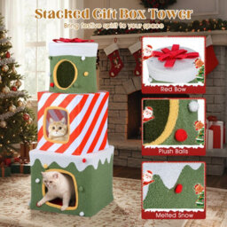 Costway Christmas Cat Tree 120 Cm Cute Cat Gift Box Tower With 3 Condos - thumbnail 5