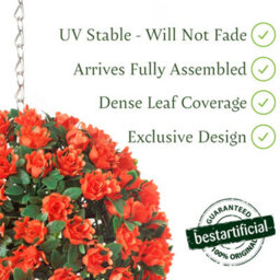 Pair Of Best Artificial 23Cm Orange Rose Hanging Basket Flower Topiary Ball - Suitable For Outdoor Use - Weather & Fade Resistant - thumbnail 2