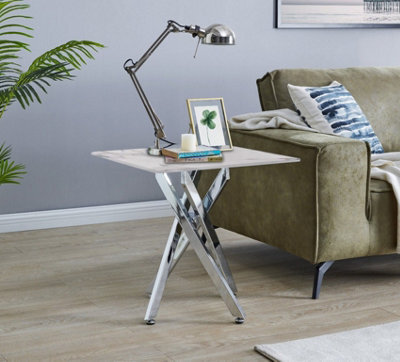 Furniturebox Uk Leonardo Side Table With White Glass Marble Effect Top And Silver Legs - image 1