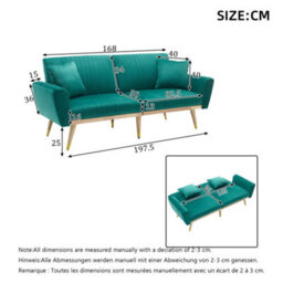 Btm Convertible Futon Sofa Bed 160 X 50 X 60 Cm, Adjustable Backrest Loveseat With 2 Cushions And Wood Legs, Green - thumbnail 8