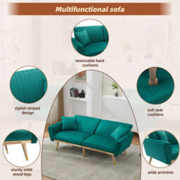 Btm Convertible Futon Sofa Bed 160 X 50 X 60 Cm, Adjustable Backrest Loveseat With 2 Cushions And Wood Legs, Green - thumbnail 9
