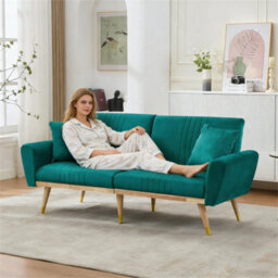 Btm Convertible Futon Sofa Bed 160 X 50 X 60 Cm, Adjustable Backrest Loveseat With 2 Cushions And Wood Legs, Green - thumbnail 2