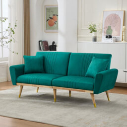 Btm Convertible Futon Sofa Bed 160 X 50 X 60 Cm, Adjustable Backrest Loveseat With 2 Cushions And Wood Legs, Green - thumbnail 3