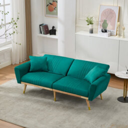 Btm Convertible Futon Sofa Bed 160 X 50 X 60 Cm, Adjustable Backrest Loveseat With 2 Cushions And Wood Legs, Green - thumbnail 6
