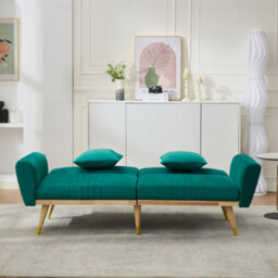 Btm Convertible Futon Sofa Bed 160 X 50 X 60 Cm, Adjustable Backrest Loveseat With 2 Cushions And Wood Legs, Green - thumbnail 7