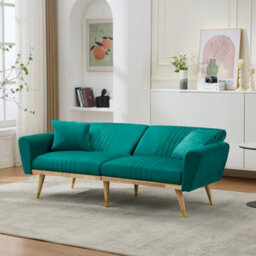 Btm Convertible Futon Sofa Bed 160 X 50 X 60 Cm, Adjustable Backrest Loveseat With 2 Cushions And Wood Legs, Green - thumbnail 4