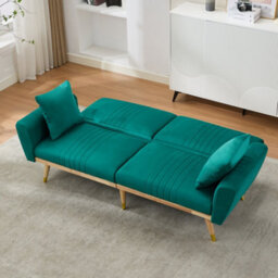 Btm Convertible Futon Sofa Bed 160 X 50 X 60 Cm, Adjustable Backrest Loveseat With 2 Cushions And Wood Legs, Green - thumbnail 5