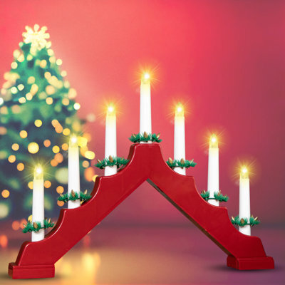 Christmas Candle Bridge 7 Led Battery Operated Wooden Xmas Decoration With 6 Hour Timer For Windowsill Or Table Display - Red - image 1