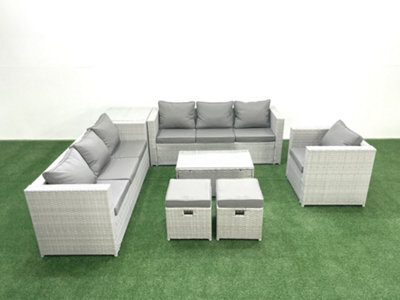 Fimous Wicker Pe Rattan Sofa Garden Furniture Set Armchair Oblong Coffee Table 2 Small Stools Side Table Light Grey - image 1
