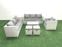 Fimous Wicker Pe Rattan Sofa Garden Furniture Set Armchair Oblong Coffee Table 2 Small Stools Side Table Light Grey - thumbnail 2