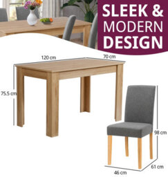Hallowood Furniture Newquay Oak Fixed Top Table 120Cm With 4 Straight Back Grey Fabric Chairs - thumbnail 3