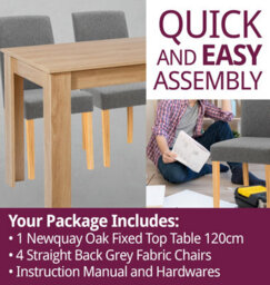 Hallowood Furniture Newquay Oak Fixed Top Table 120Cm With 4 Straight Back Grey Fabric Chairs - thumbnail 7