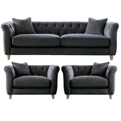 Furnishings For Less UK Elsie Velvet Chesterfield Plush Velvet Midnight 3 Seater + 2X Armchair Set - image 1