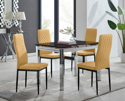 Furniturebox Uk Enna Black Glass Extending Dining Table And 4 Mustard Velvet Milan Black Leg Chairs - image 1