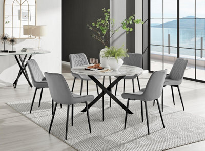 Furniturebox Uk Novara White Marble Black Leg 120Cm Round Dining Table & 6 Grey Pesaro Black Leg Chairs - image 1