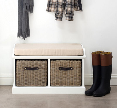 Statement Furniture Tetbury Bench With 2 Brown Faux Rattan Baskets And Cream Cushion- White - image 1