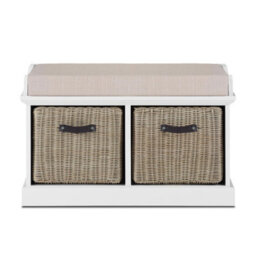 Statement Furniture Tetbury Bench With 2 Brown Faux Rattan Baskets And Cream Cushion- White - thumbnail 3