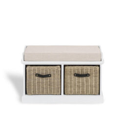 Statement Furniture Tetbury Bench With 2 Brown Faux Rattan Baskets And Cream Cushion- White - thumbnail 5