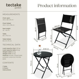 Tectake Garden Table And Chairs - 2 Person Bistro Set, Foldable, Weather-Resistant - Black - 1 - thumbnail 6