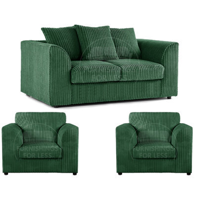 Furnishings For Less UK Luxor Jumbo Cord 2 + 1 + 1 Fabric 3 Piece Sofa Suite - Scatter Back Green - image 1