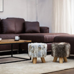 Wyld And Coco Noblehome Round Faux Fur Footstool, Beige And Brown, Tripod Rubberwood Legs, W33 X D33 X H35Cm - thumbnail 2